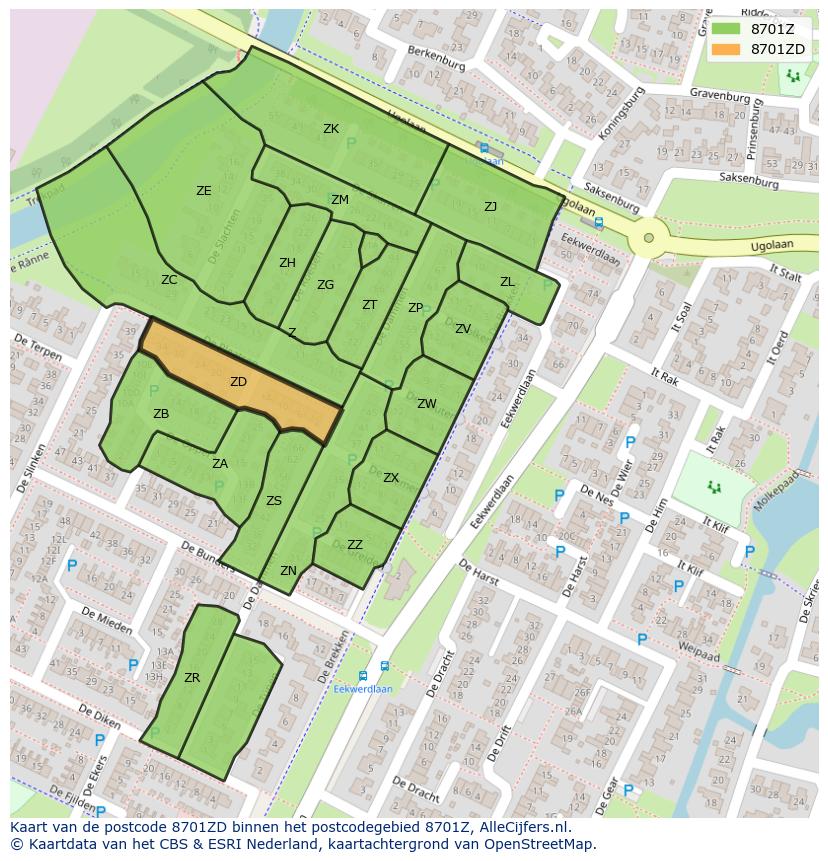 Afbeelding van het postcodegebied 8701 ZD op de kaart.