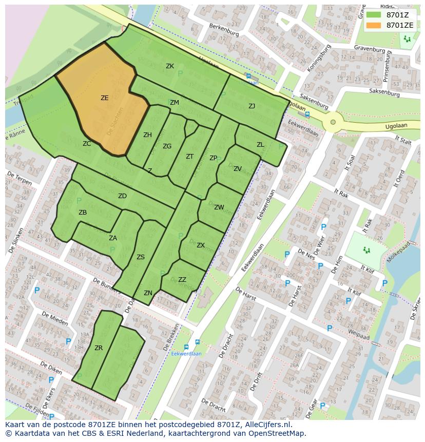 Afbeelding van het postcodegebied 8701 ZE op de kaart.