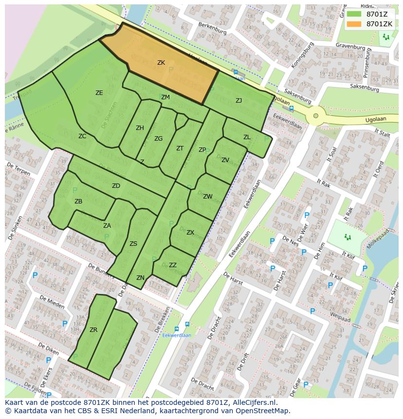 Afbeelding van het postcodegebied 8701 ZK op de kaart.