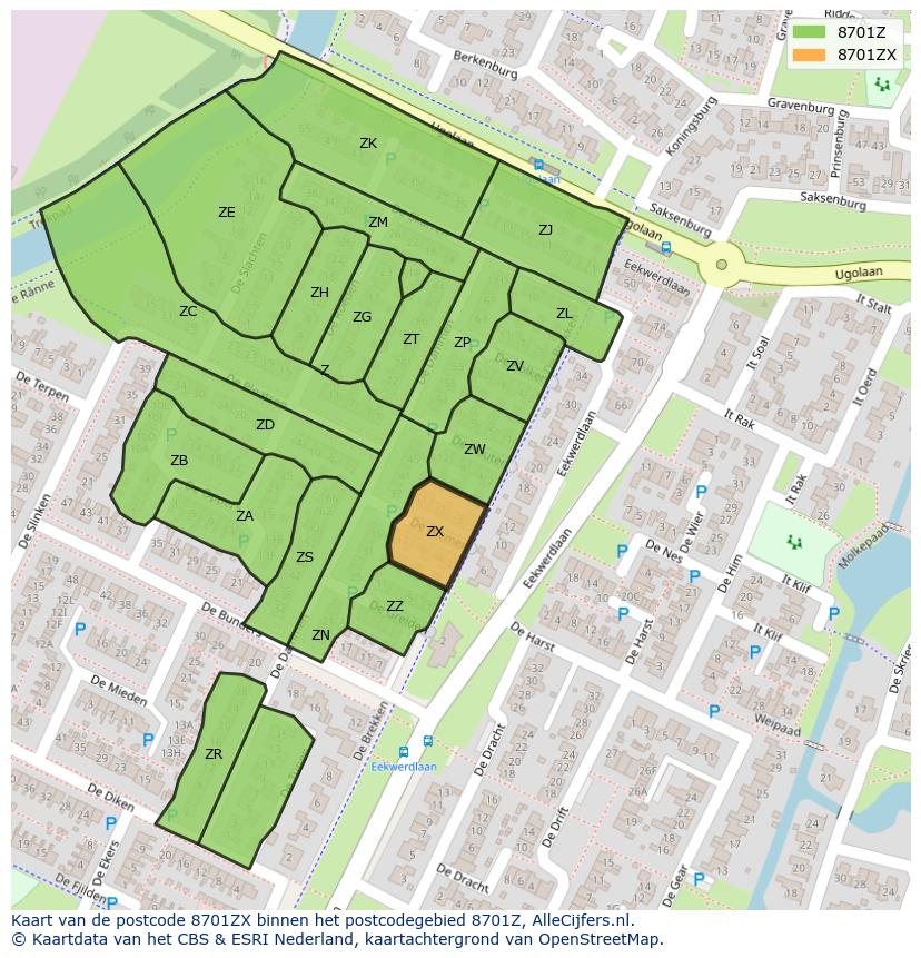 Afbeelding van het postcodegebied 8701 ZX op de kaart.