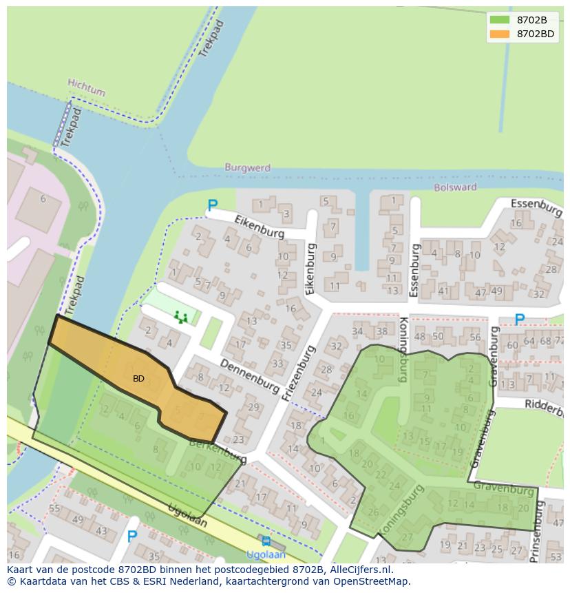 Afbeelding van het postcodegebied 8702 BD op de kaart.