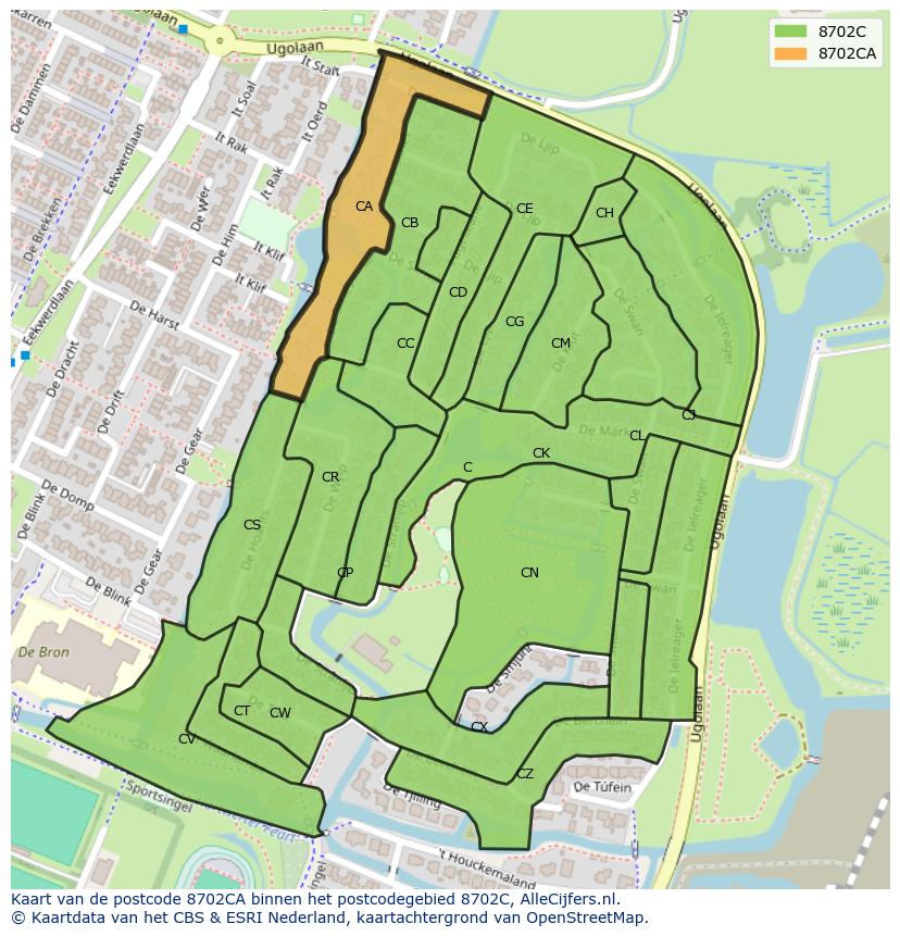 Afbeelding van het postcodegebied 8702 CA op de kaart.