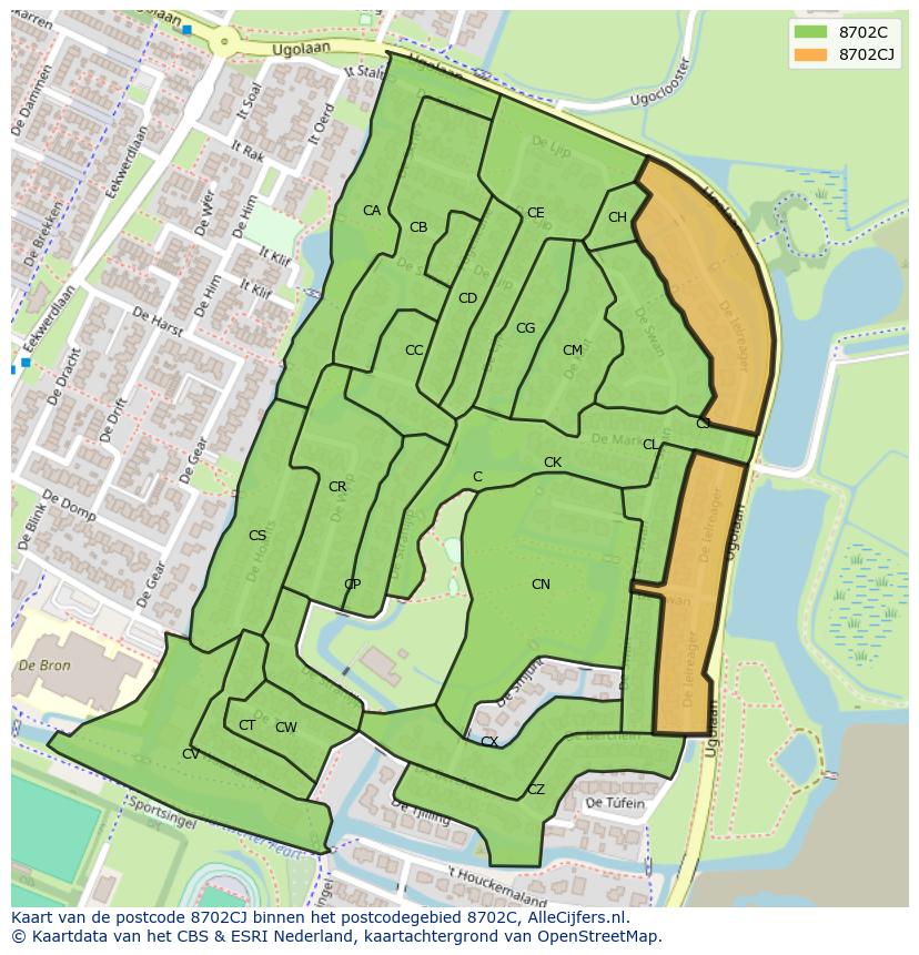 Afbeelding van het postcodegebied 8702 CJ op de kaart.