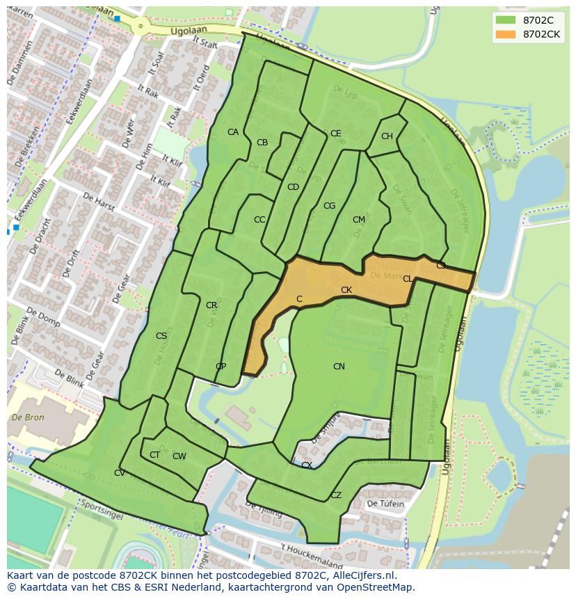Afbeelding van het postcodegebied 8702 CK op de kaart.
