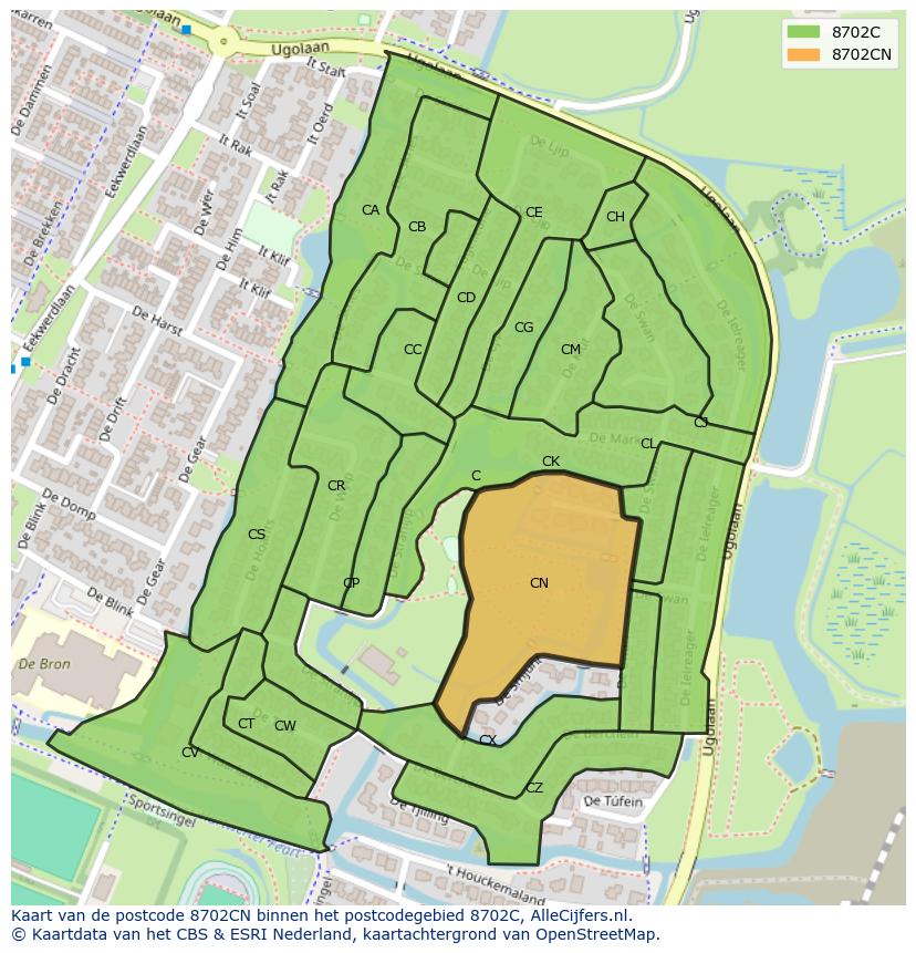 Afbeelding van het postcodegebied 8702 CN op de kaart.