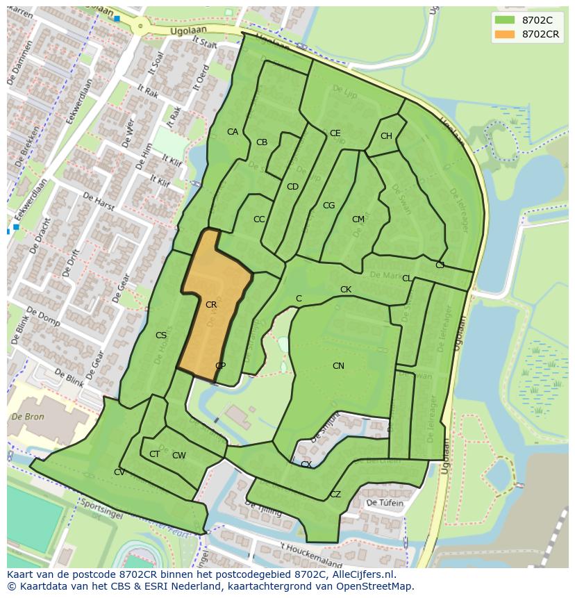 Afbeelding van het postcodegebied 8702 CR op de kaart.