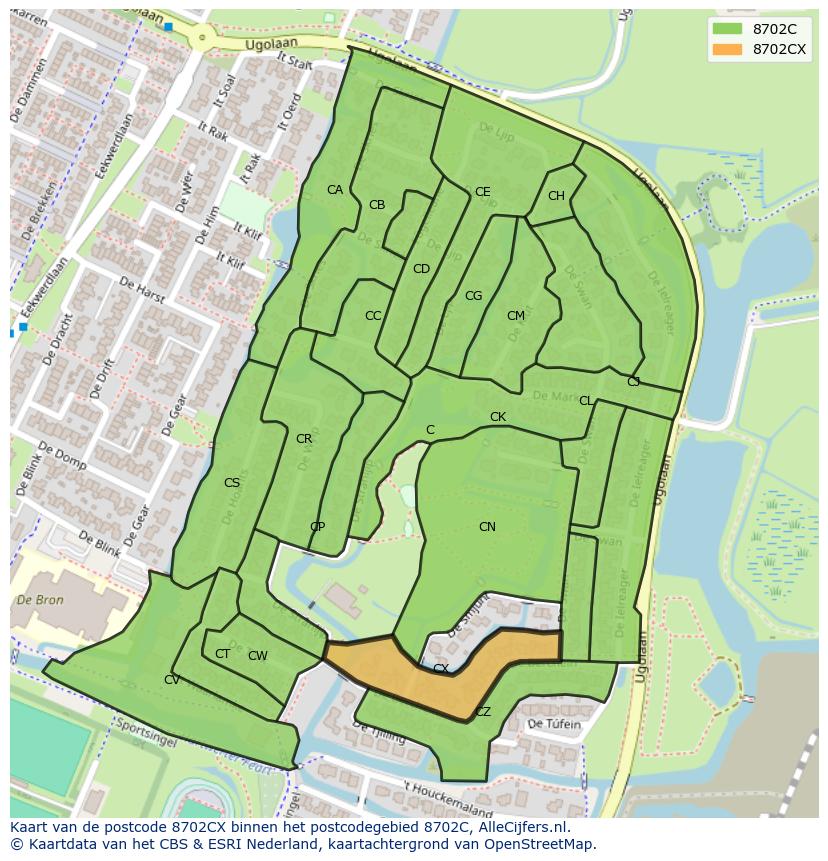 Afbeelding van het postcodegebied 8702 CX op de kaart.