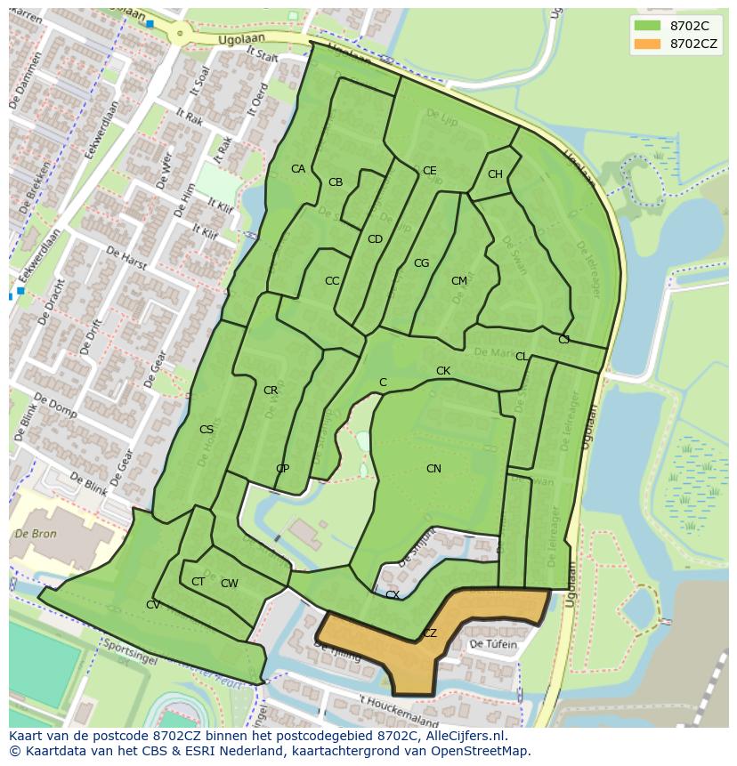 Afbeelding van het postcodegebied 8702 CZ op de kaart.