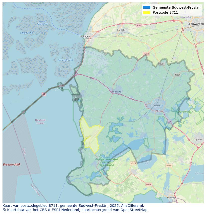 Afbeelding van het postcodegebied 8711 op de kaart.