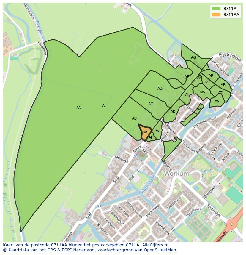 Afbeelding van het postcodegebied 8711 AA op de kaart.