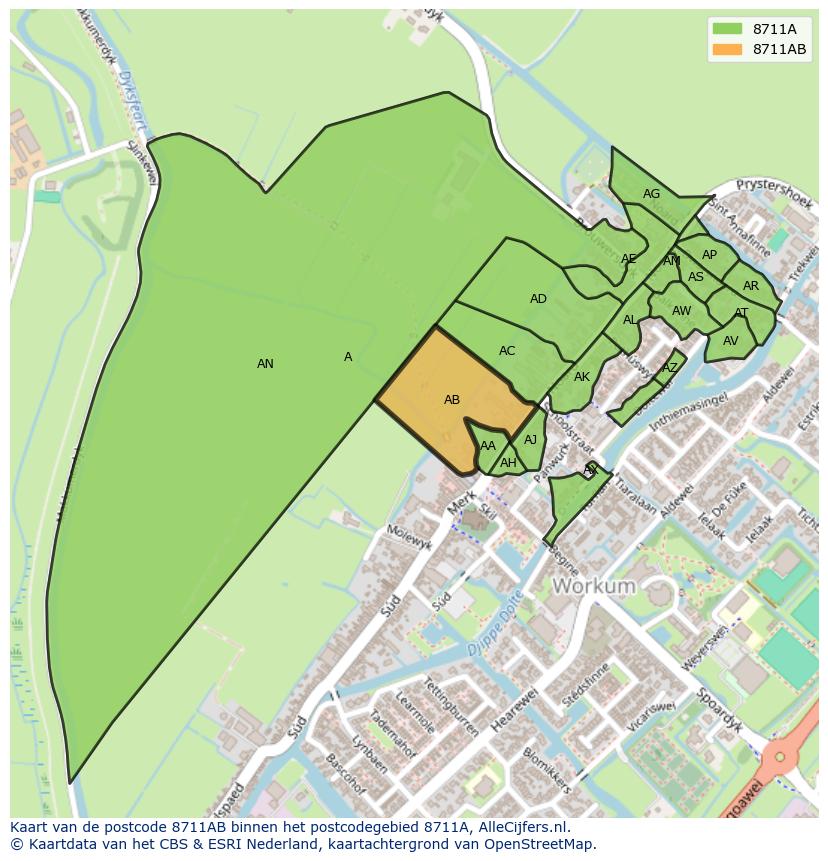 Afbeelding van het postcodegebied 8711 AB op de kaart.