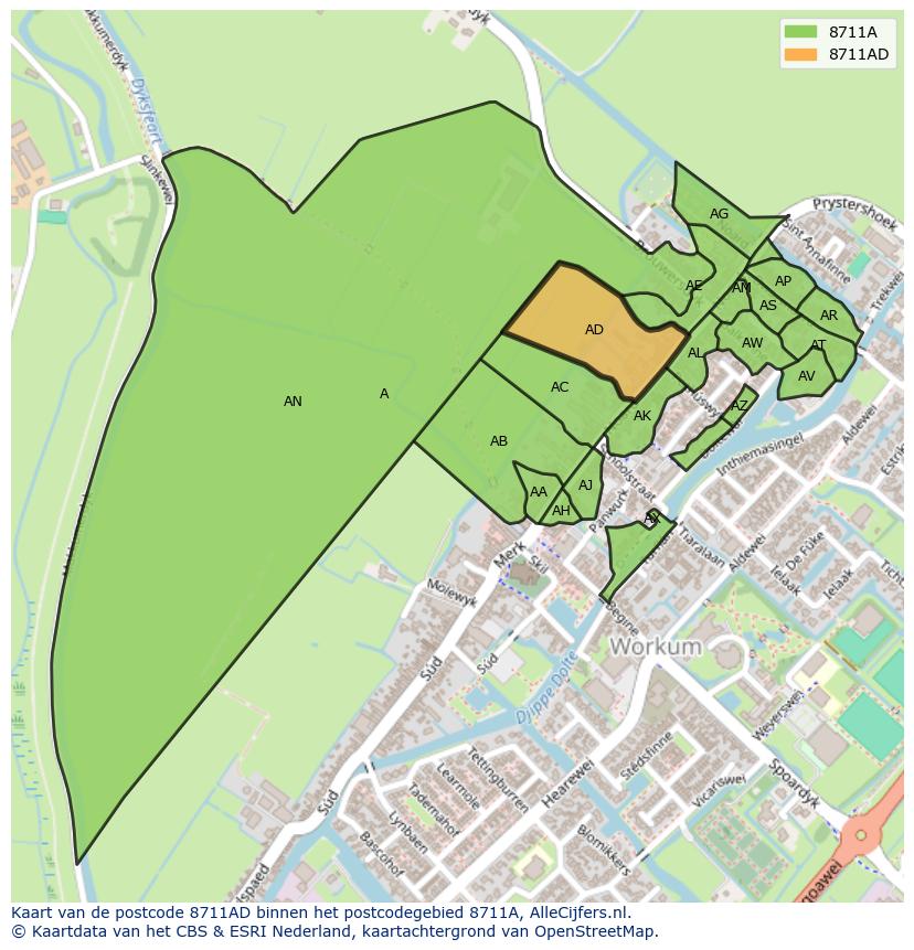 Afbeelding van het postcodegebied 8711 AD op de kaart.