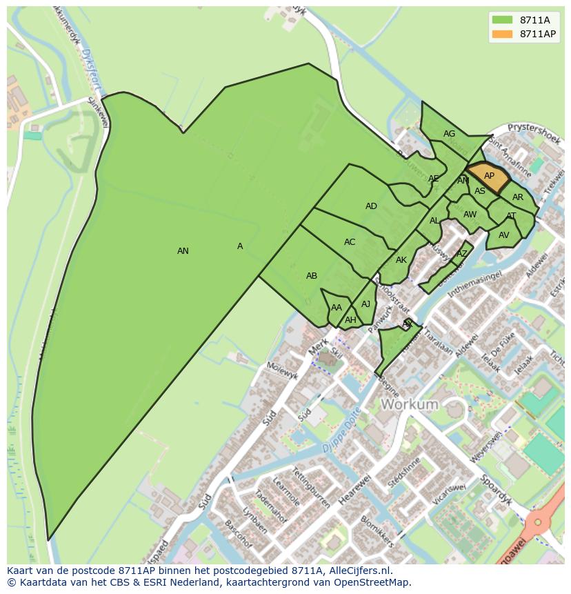 Afbeelding van het postcodegebied 8711 AP op de kaart.