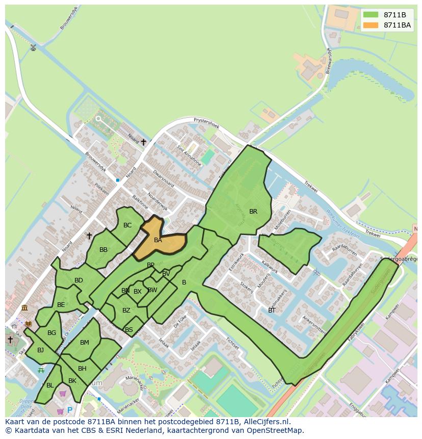 Afbeelding van het postcodegebied 8711 BA op de kaart.