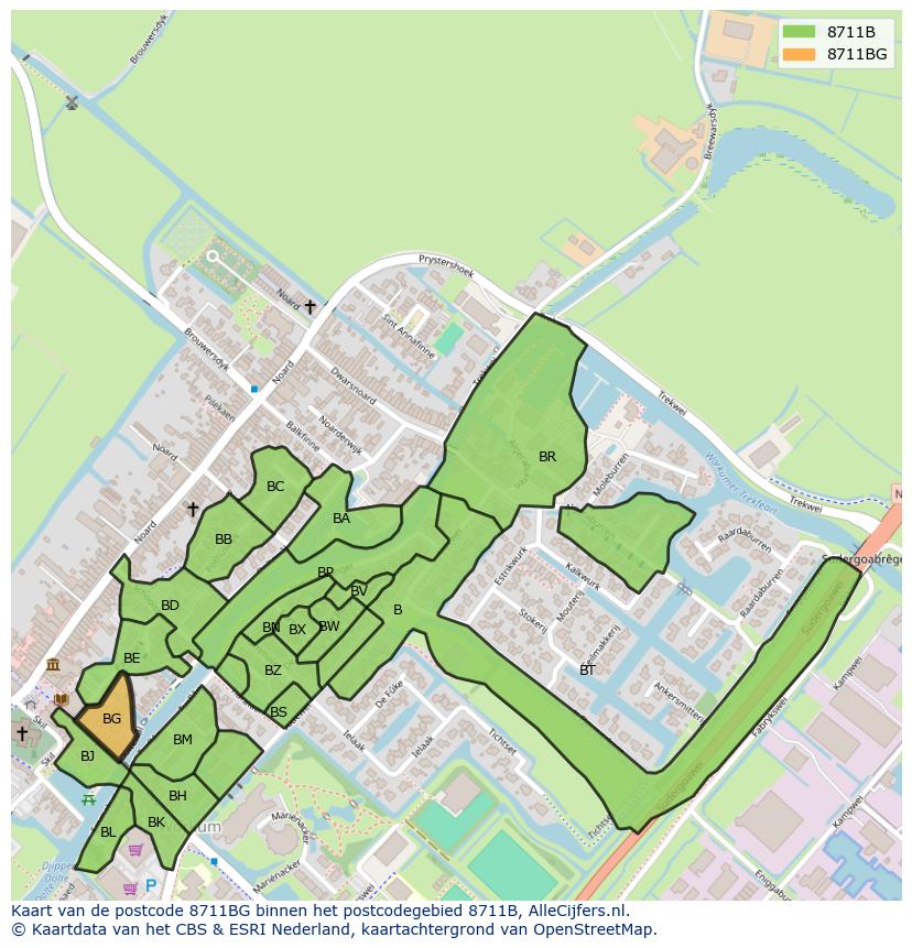 Afbeelding van het postcodegebied 8711 BG op de kaart.