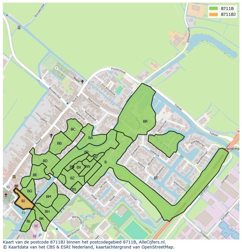 Afbeelding van het postcodegebied 8711 BJ op de kaart.