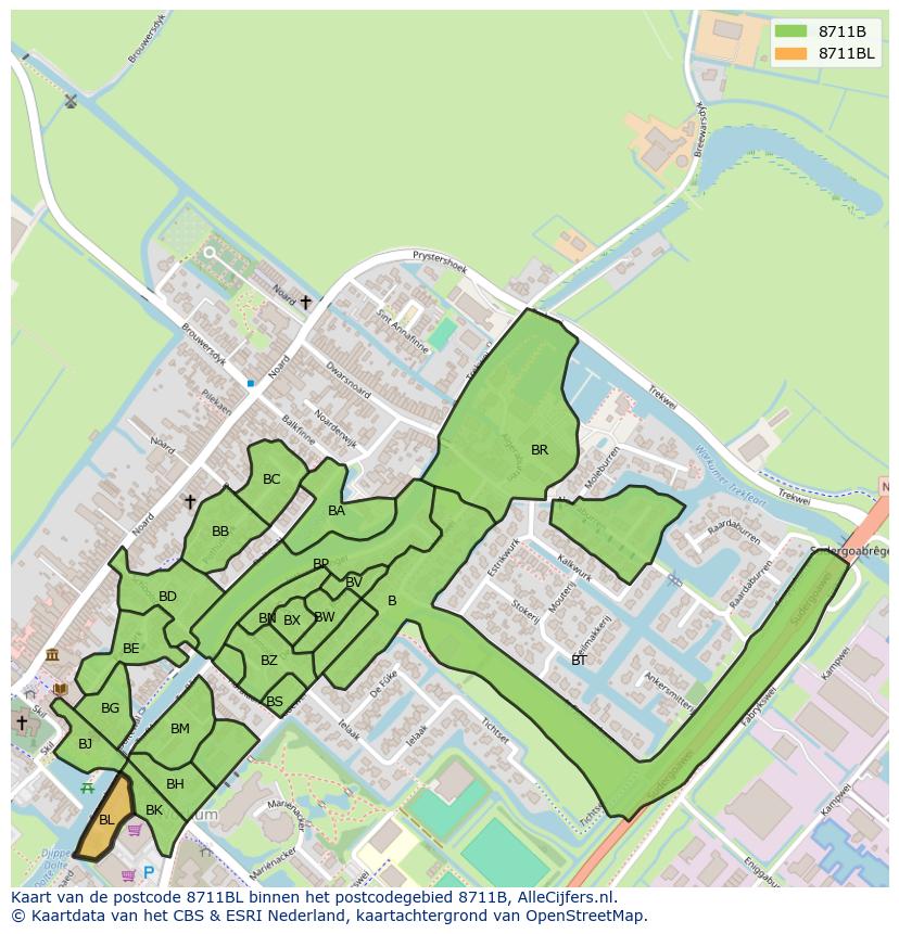 Afbeelding van het postcodegebied 8711 BL op de kaart.