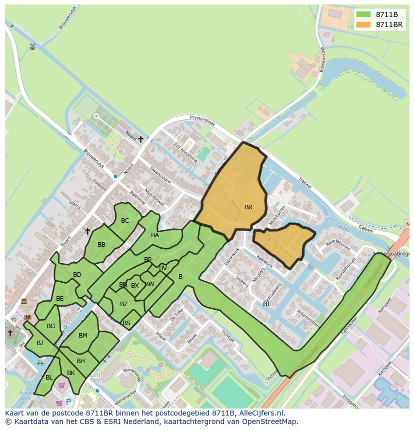 Afbeelding van het postcodegebied 8711 BR op de kaart.