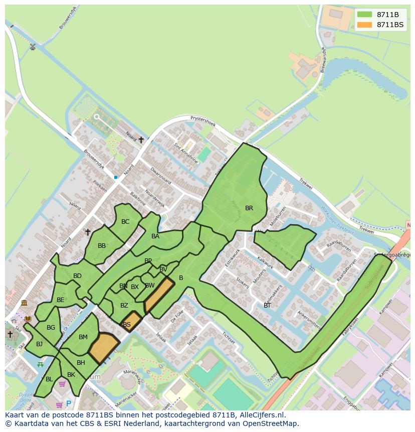 Afbeelding van het postcodegebied 8711 BS op de kaart.