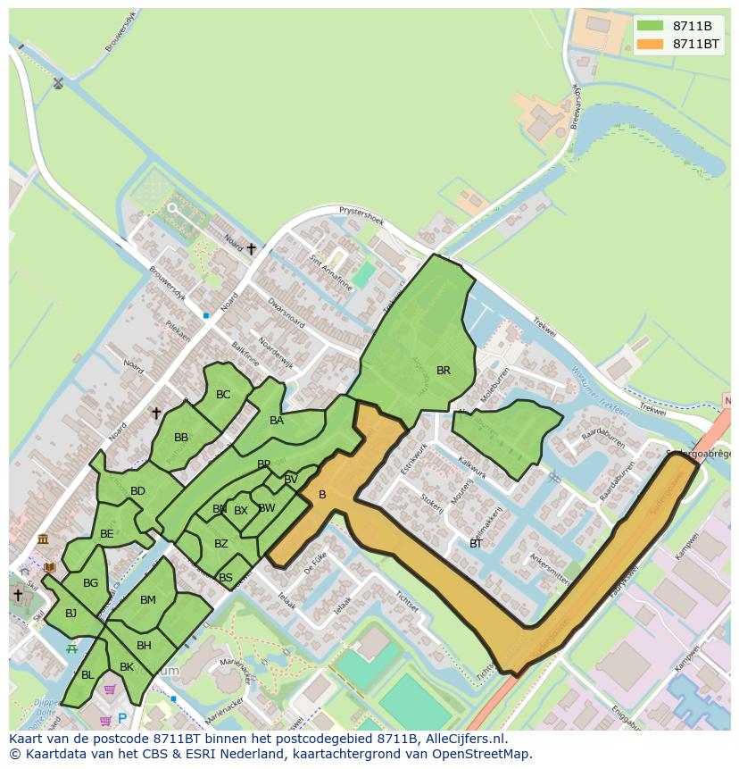 Afbeelding van het postcodegebied 8711 BT op de kaart.