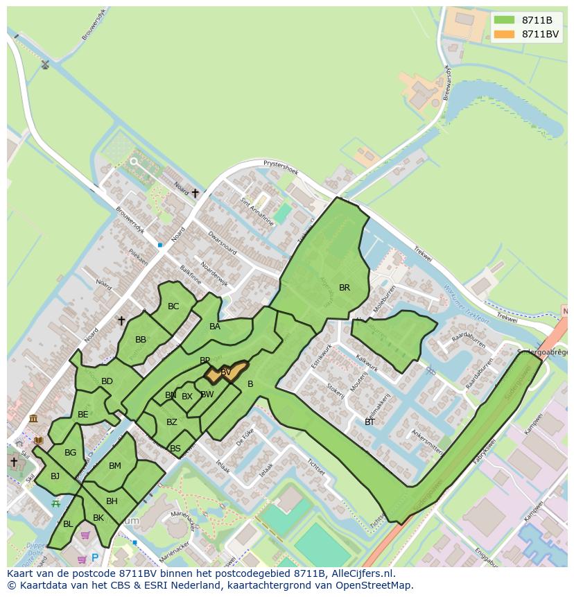 Afbeelding van het postcodegebied 8711 BV op de kaart.