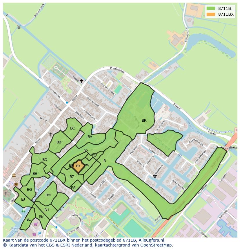 Afbeelding van het postcodegebied 8711 BX op de kaart.