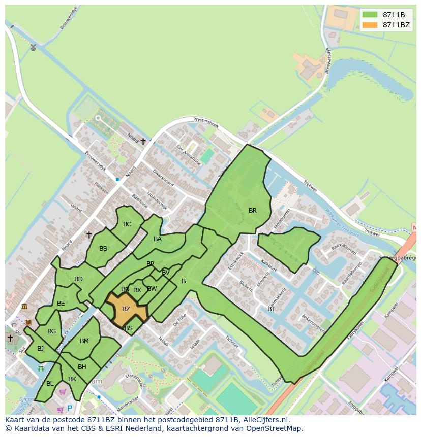 Afbeelding van het postcodegebied 8711 BZ op de kaart.