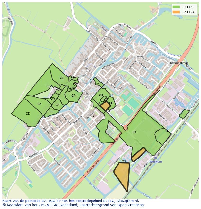 Afbeelding van het postcodegebied 8711 CG op de kaart.