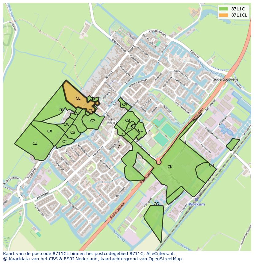 Afbeelding van het postcodegebied 8711 CL op de kaart.