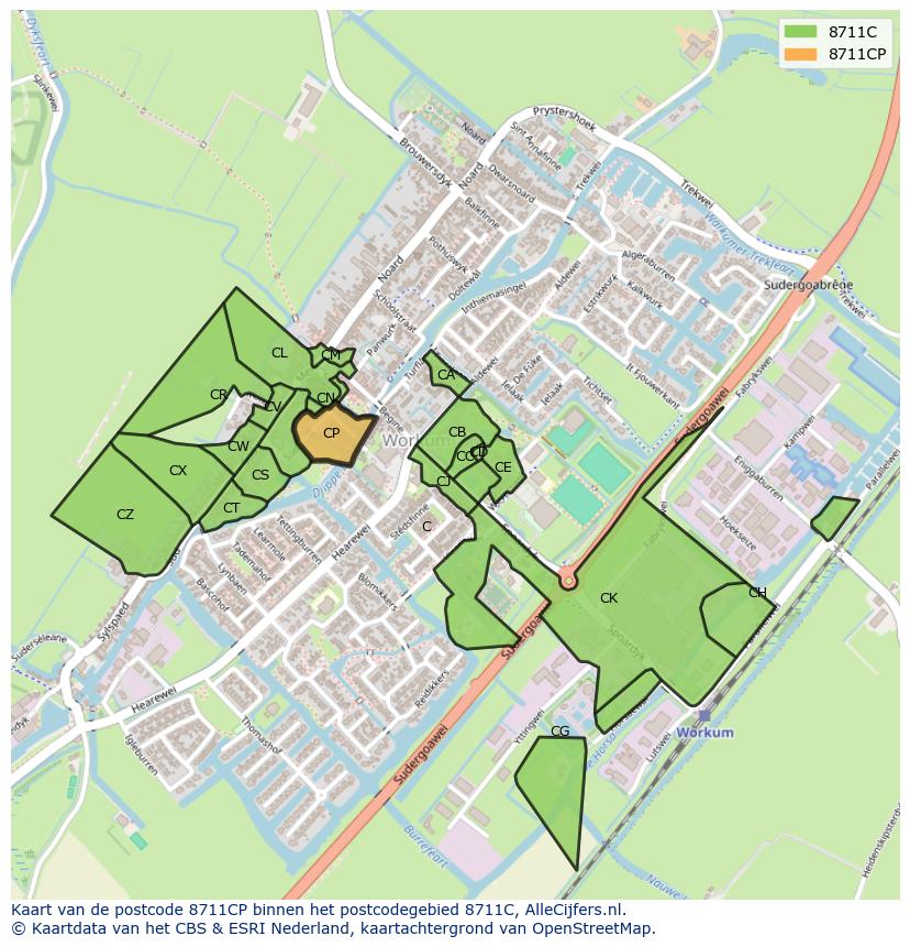 Afbeelding van het postcodegebied 8711 CP op de kaart.