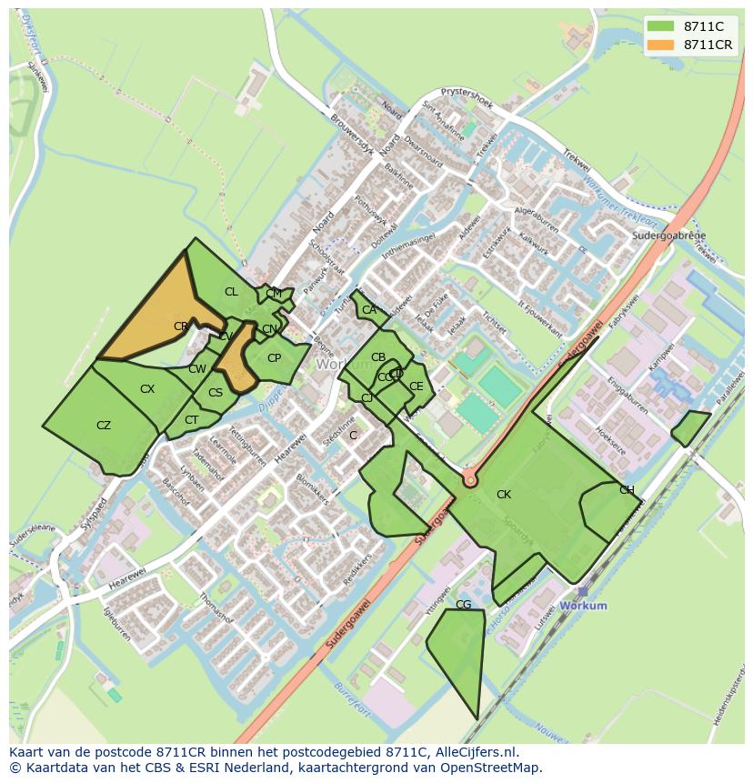 Afbeelding van het postcodegebied 8711 CR op de kaart.