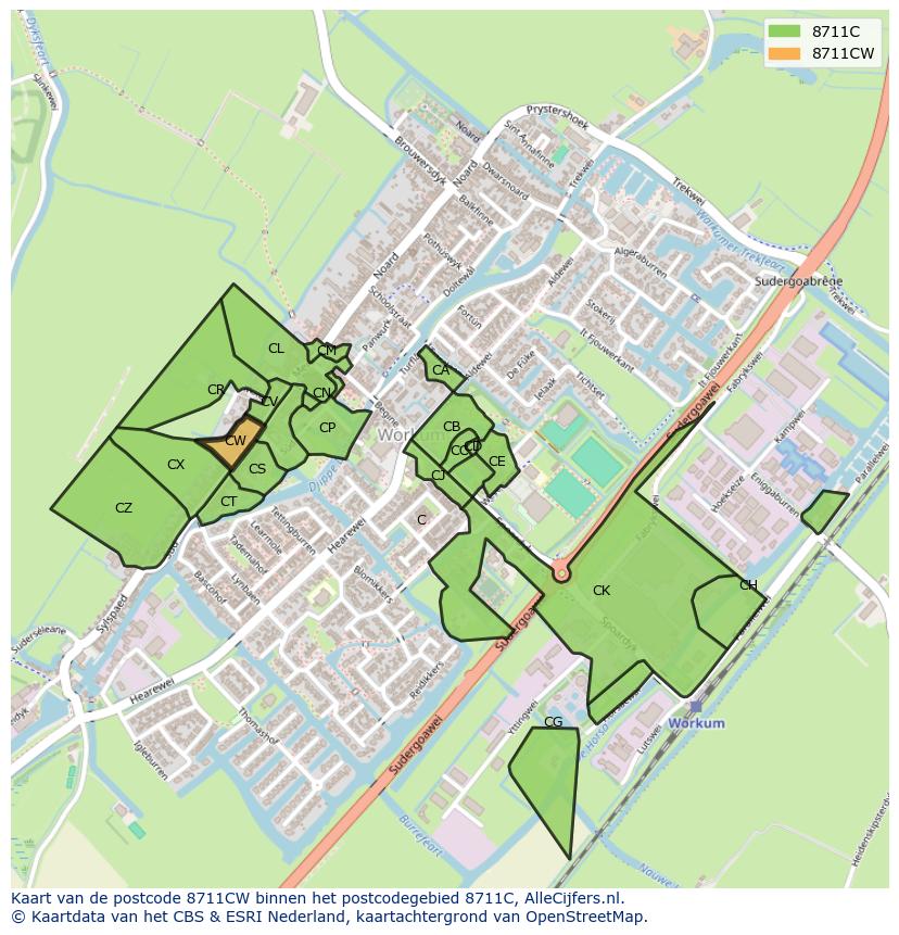 Afbeelding van het postcodegebied 8711 CW op de kaart.