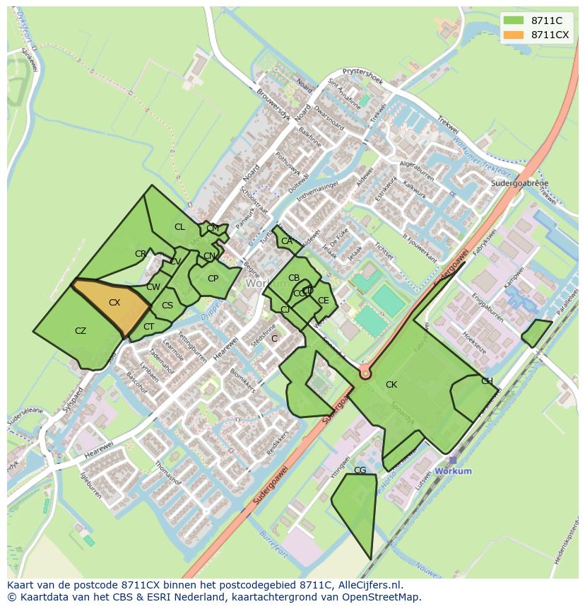 Afbeelding van het postcodegebied 8711 CX op de kaart.
