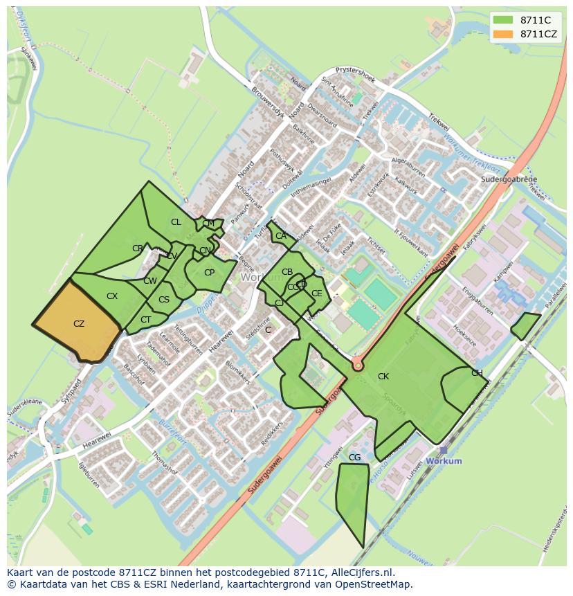 Afbeelding van het postcodegebied 8711 CZ op de kaart.