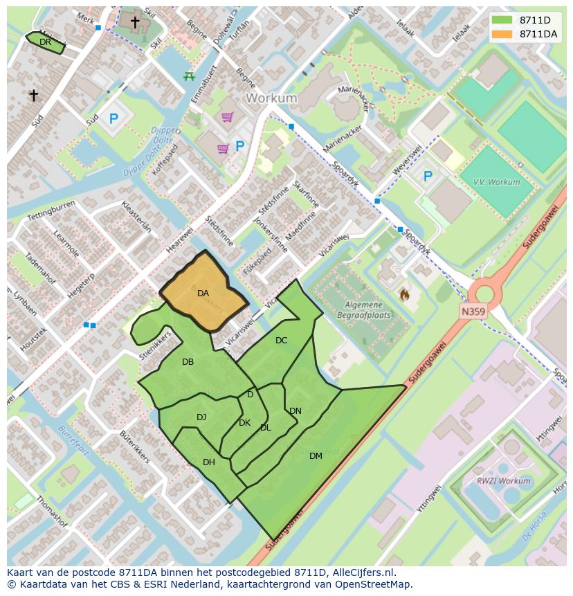 Afbeelding van het postcodegebied 8711 DA op de kaart.