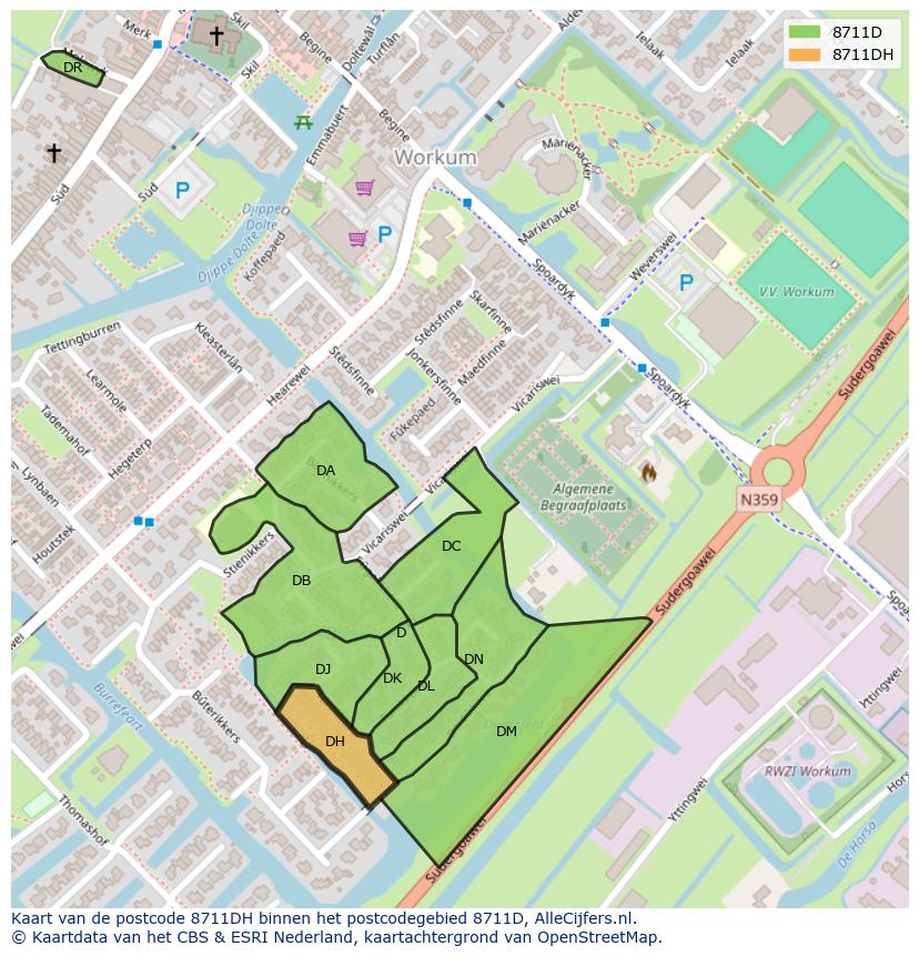 Afbeelding van het postcodegebied 8711 DH op de kaart.