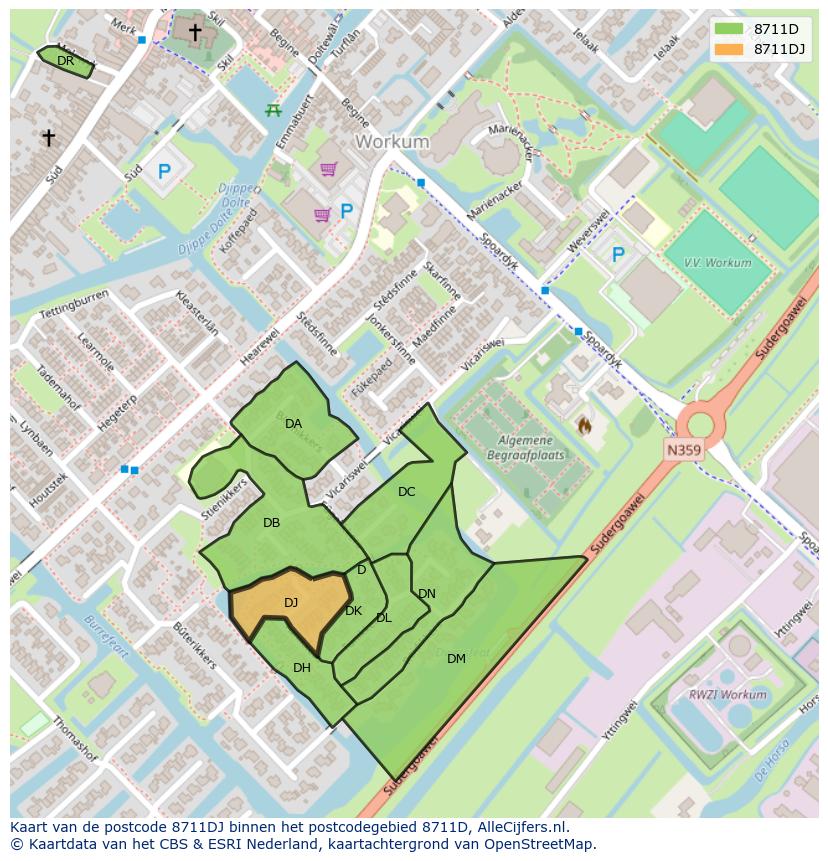 Afbeelding van het postcodegebied 8711 DJ op de kaart.