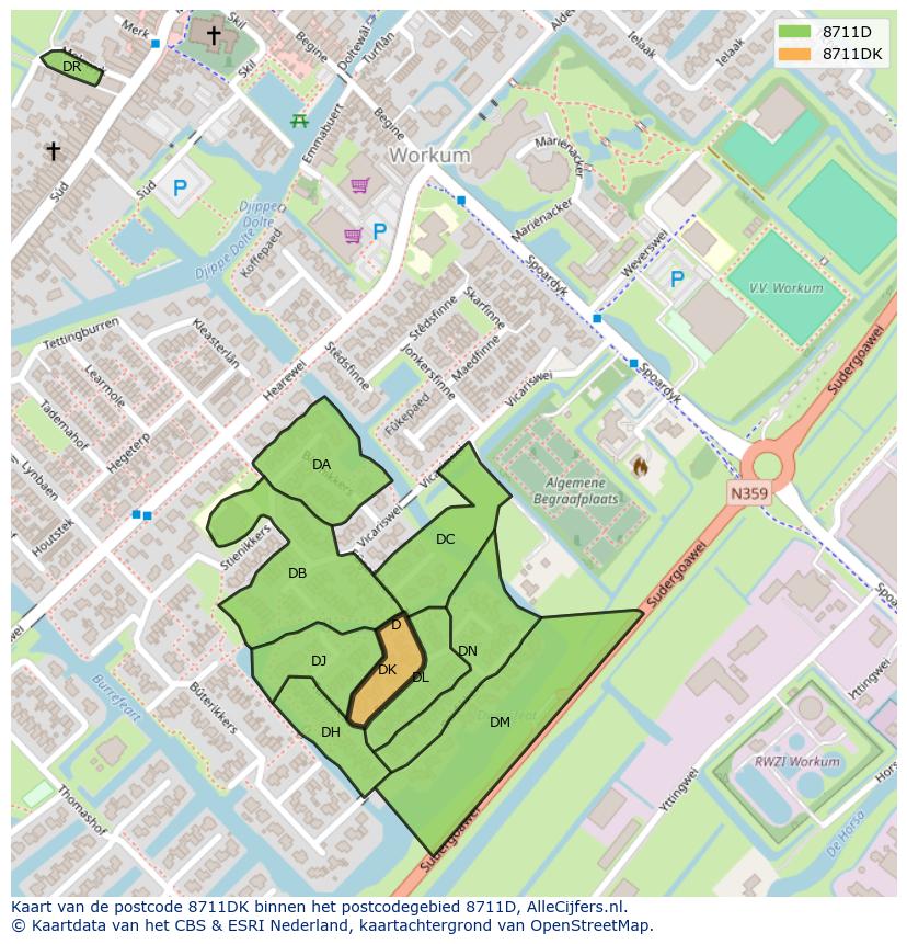 Afbeelding van het postcodegebied 8711 DK op de kaart.