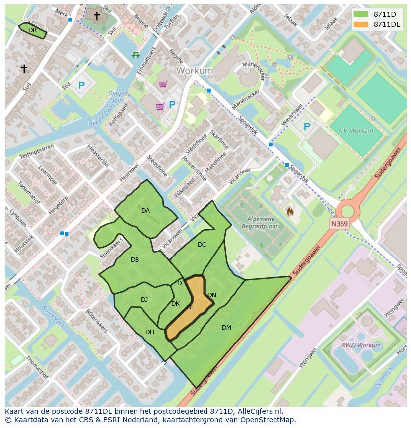 Afbeelding van het postcodegebied 8711 DL op de kaart.