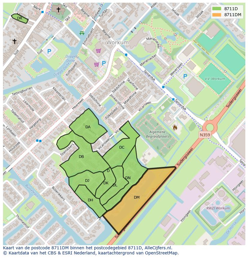 Afbeelding van het postcodegebied 8711 DM op de kaart.