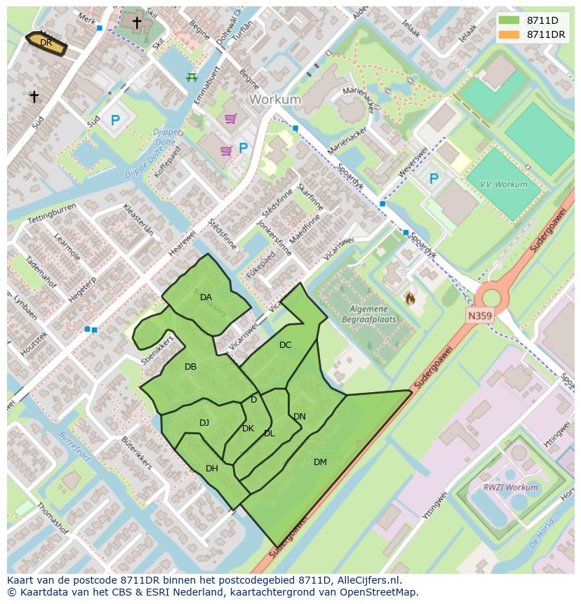 Afbeelding van het postcodegebied 8711 DR op de kaart.