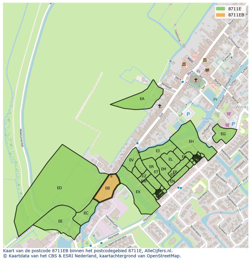 Afbeelding van het postcodegebied 8711 EB op de kaart.