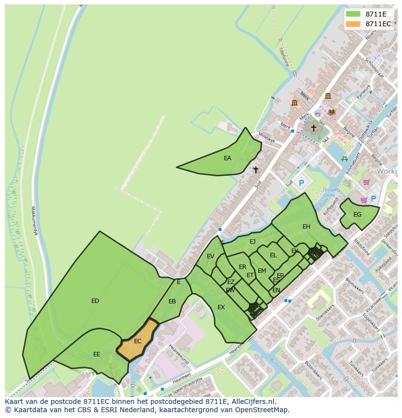 Afbeelding van het postcodegebied 8711 EC op de kaart.