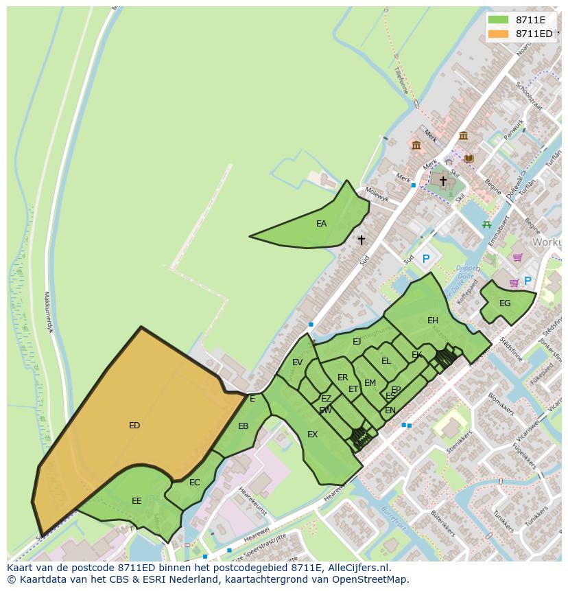 Afbeelding van het postcodegebied 8711 ED op de kaart.
