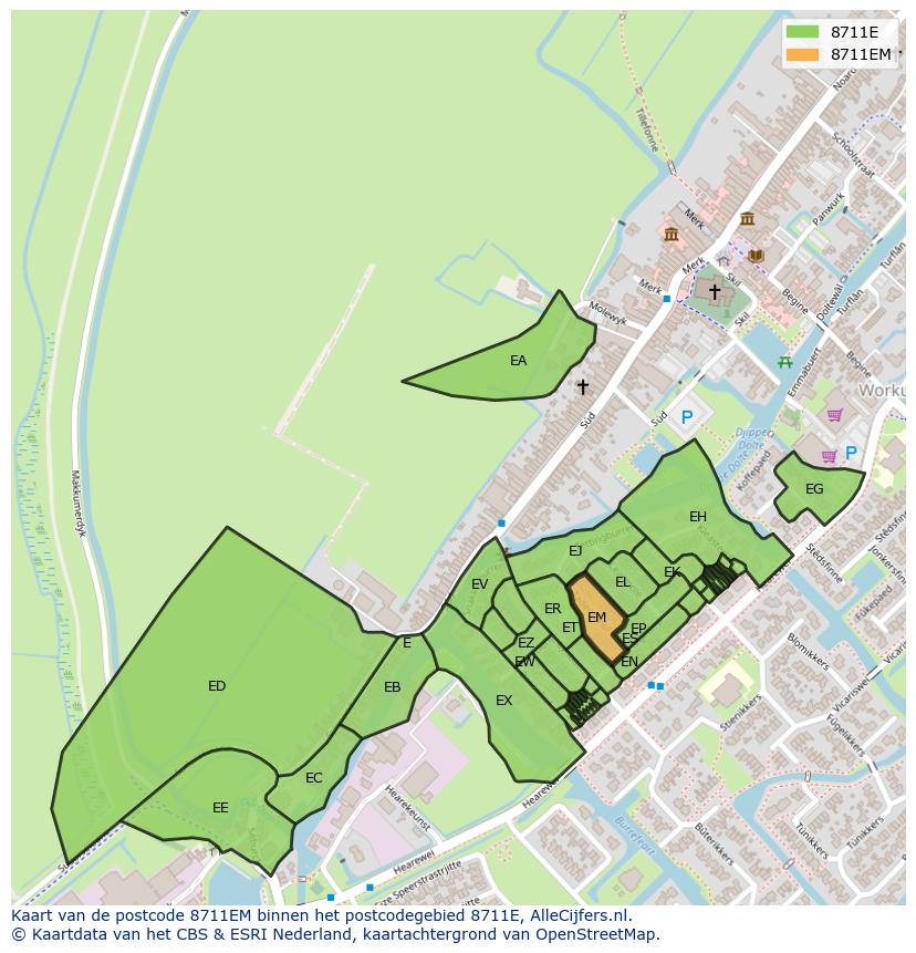 Afbeelding van het postcodegebied 8711 EM op de kaart.