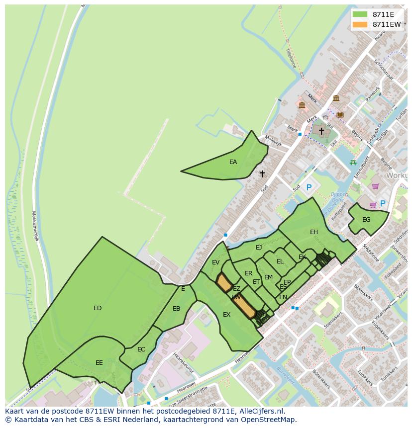 Afbeelding van het postcodegebied 8711 EW op de kaart.