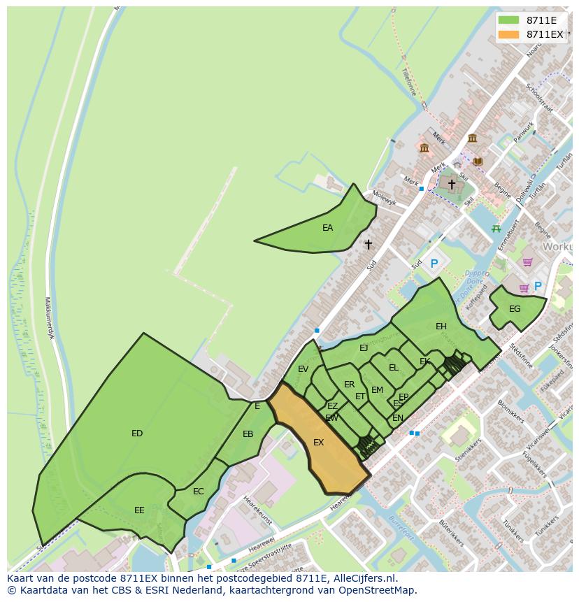 Afbeelding van het postcodegebied 8711 EX op de kaart.