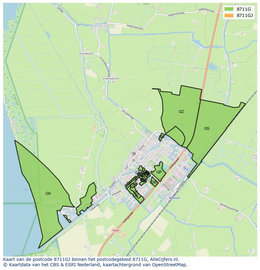 Afbeelding van het postcodegebied 8711 GJ op de kaart.