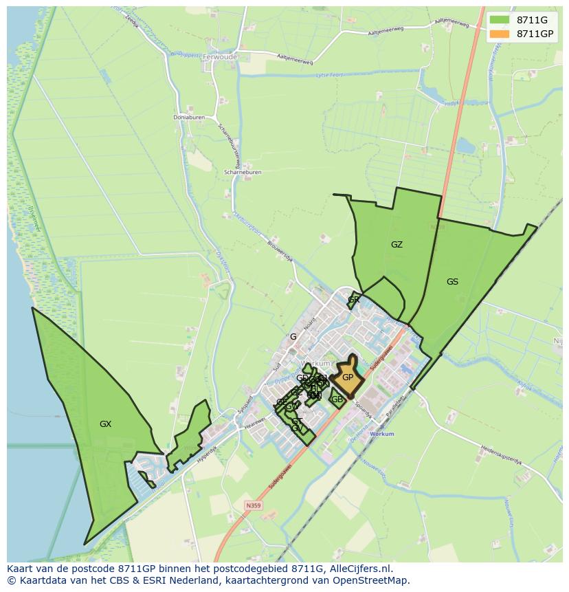 Afbeelding van het postcodegebied 8711 GP op de kaart.