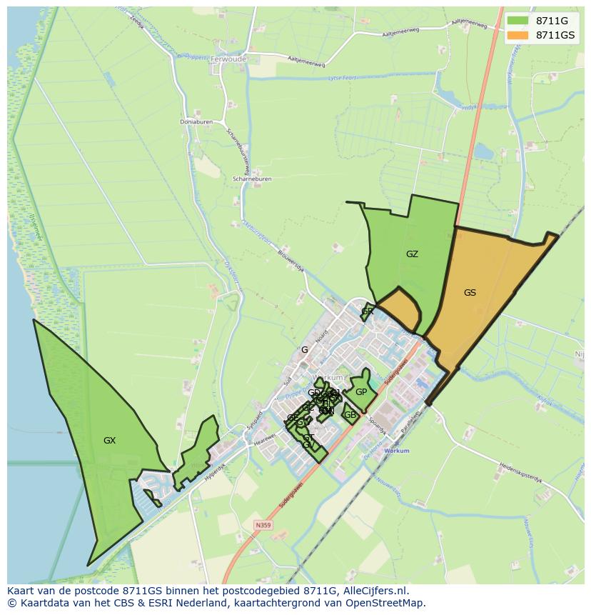 Afbeelding van het postcodegebied 8711 GS op de kaart.
